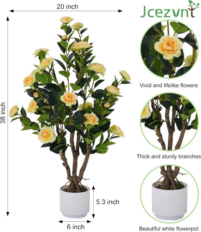 2 Pack Artificial Camellia Tree with White Pot, 38" Faux Potted Plants for Indoor Outdoor Decor, Tall Silk Greenery Plant for Home Offce Living Room Balcony, Pink