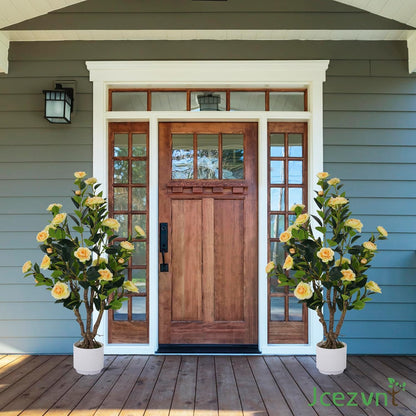 2 Pack Artificial Camellia Tree with White Pot, 38" Faux Potted Plants for Indoor Outdoor Decor, Tall Silk Greenery Plant for Home Offce Living Room Balcony, Pink