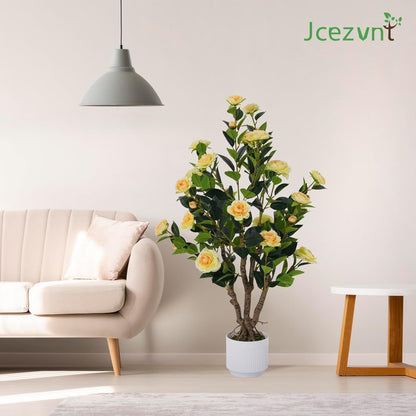 2 Pack Artificial Camellia Tree with White Pot, 38" Faux Potted Plants for Indoor Outdoor Decor, Tall Silk Greenery Plant for Home Offce Living Room Balcony, Pink
