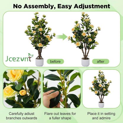 2 Pack Artificial Camellia Tree with White Pot, 38" Faux Potted Plants for Indoor Outdoor Decor, Tall Silk Greenery Plant for Home Offce Living Room Balcony, Pink