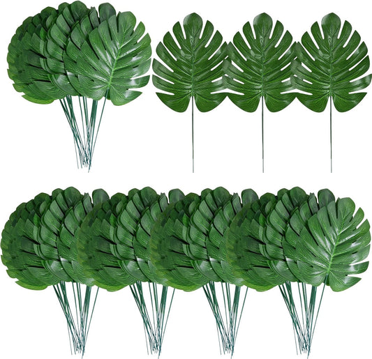 100Pcs Artificial Monstera Leaves Fake Tropical Faux Palm Leaves with Stem for Jungle Hawaiian Dinosaur Luau Party Table Decoration Wedding Birthday Theme Party, Leaf Size: 7''x 5''