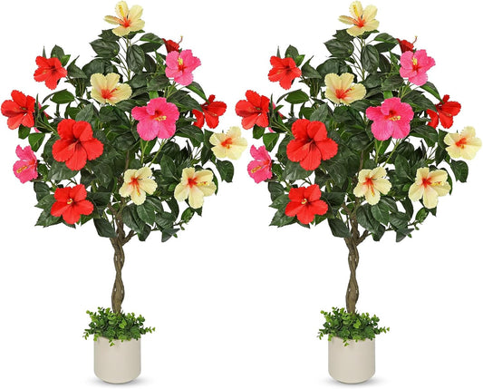 4ft Artificial Hibiscus Tree 2 Pcs, Fake Tropical Potted Plant | with UV-Resistant Leaves & Multicolored Flowers for Indoor Outdoor Porch Front Door Patio Entryway Living Room Office Decor