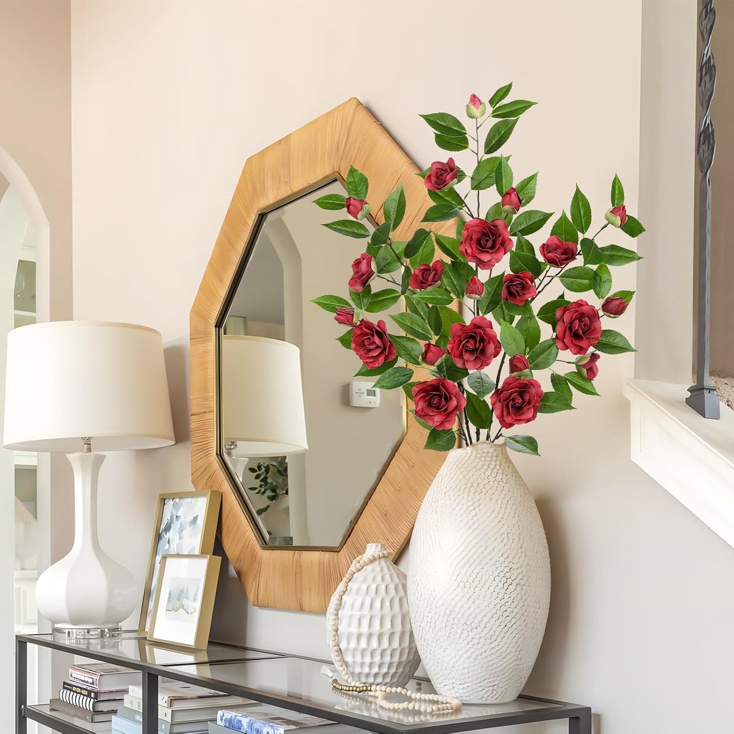 35.4" Red Artificial Flowers Stems Real Touch Fake Camellia Fade Resistant, 3Pcs Realistic Faux Camellia Silk Flowers for Floral Arrangements, Table Centerpieces, Wedding, Living Room, Entryway Decor