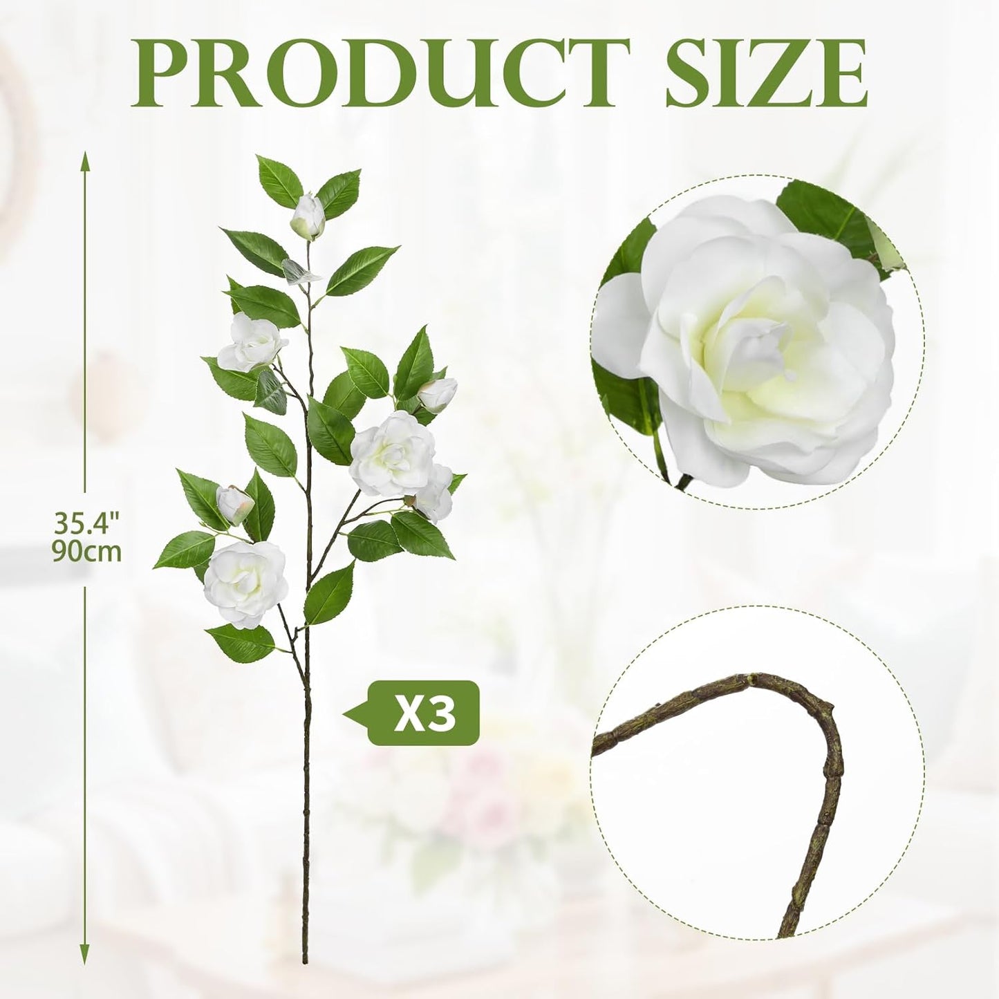 35.4" Red Artificial Flowers Stems Real Touch Fake Camellia Fade Resistant, 3Pcs Realistic Faux Camellia Silk Flowers for Floral Arrangements, Table Centerpieces, Wedding, Living Room, Entryway Decor