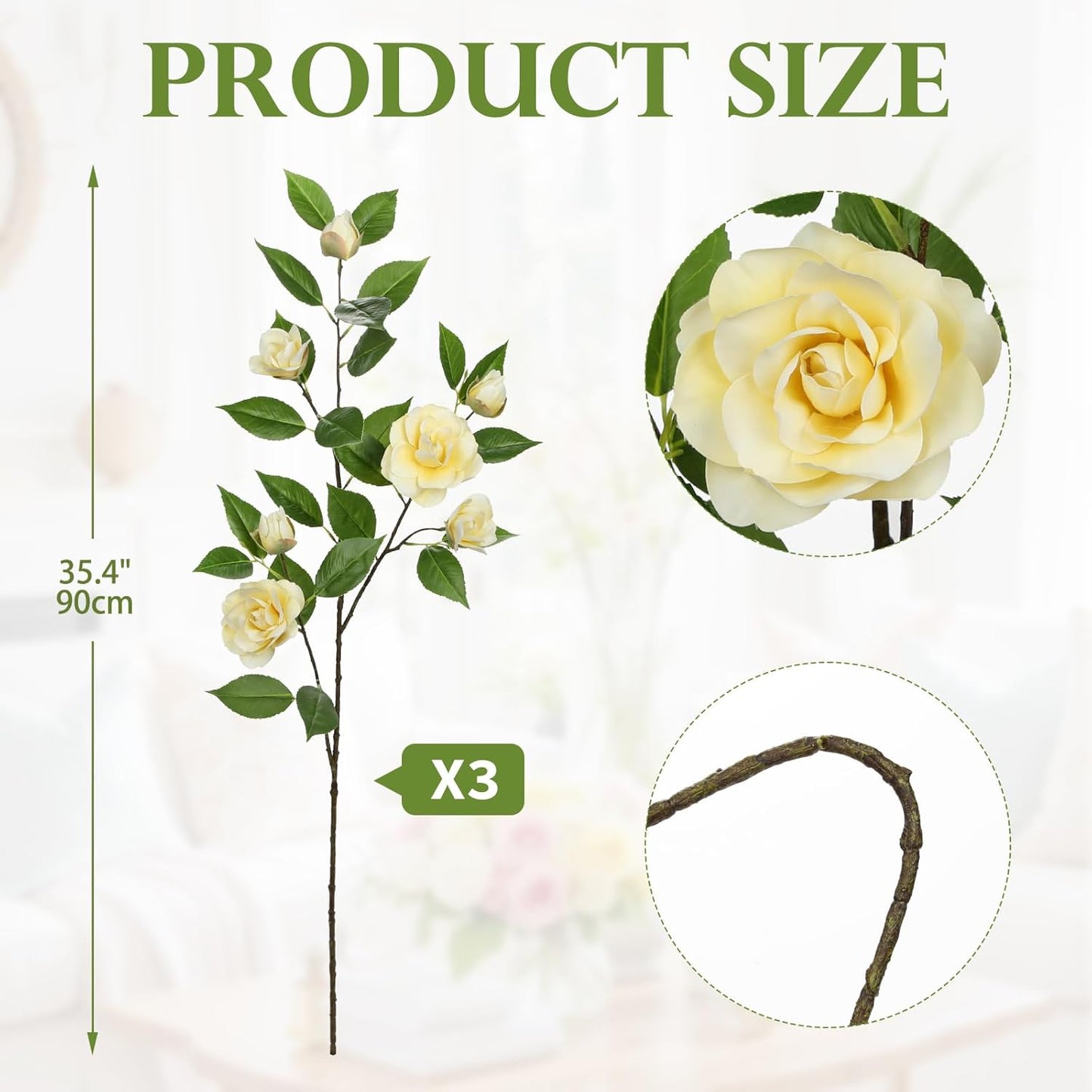 35.4" Red Artificial Flowers Stems Real Touch Fake Camellia Fade Resistant, 3Pcs Realistic Faux Camellia Silk Flowers for Floral Arrangements, Table Centerpieces, Wedding, Living Room, Entryway Decor