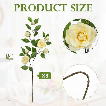 35.4" Red Artificial Flowers Stems Real Touch Fake Camellia Fade Resistant, 3Pcs Realistic Faux Camellia Silk Flowers for Floral Arrangements, Table Centerpieces, Wedding, Living Room, Entryway Decor