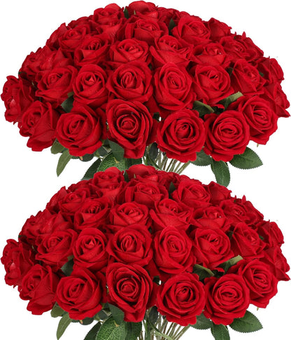 Artificial Red Roses Bulk Realistic Silk Fake Flowers with Long Stems