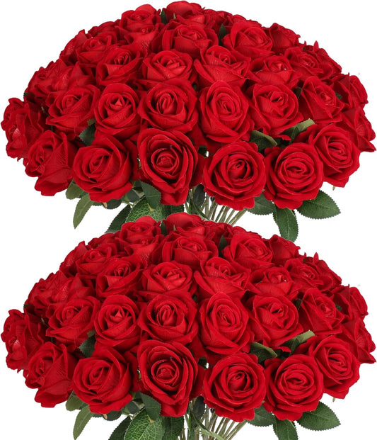 Artificial Red Roses Bulk Realistic Silk Fake Flowers with Long Stems