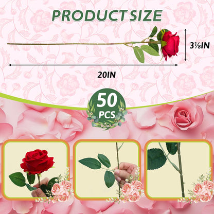 Artificial Red Roses Bulk Realistic Silk Fake Flowers with Long Stems