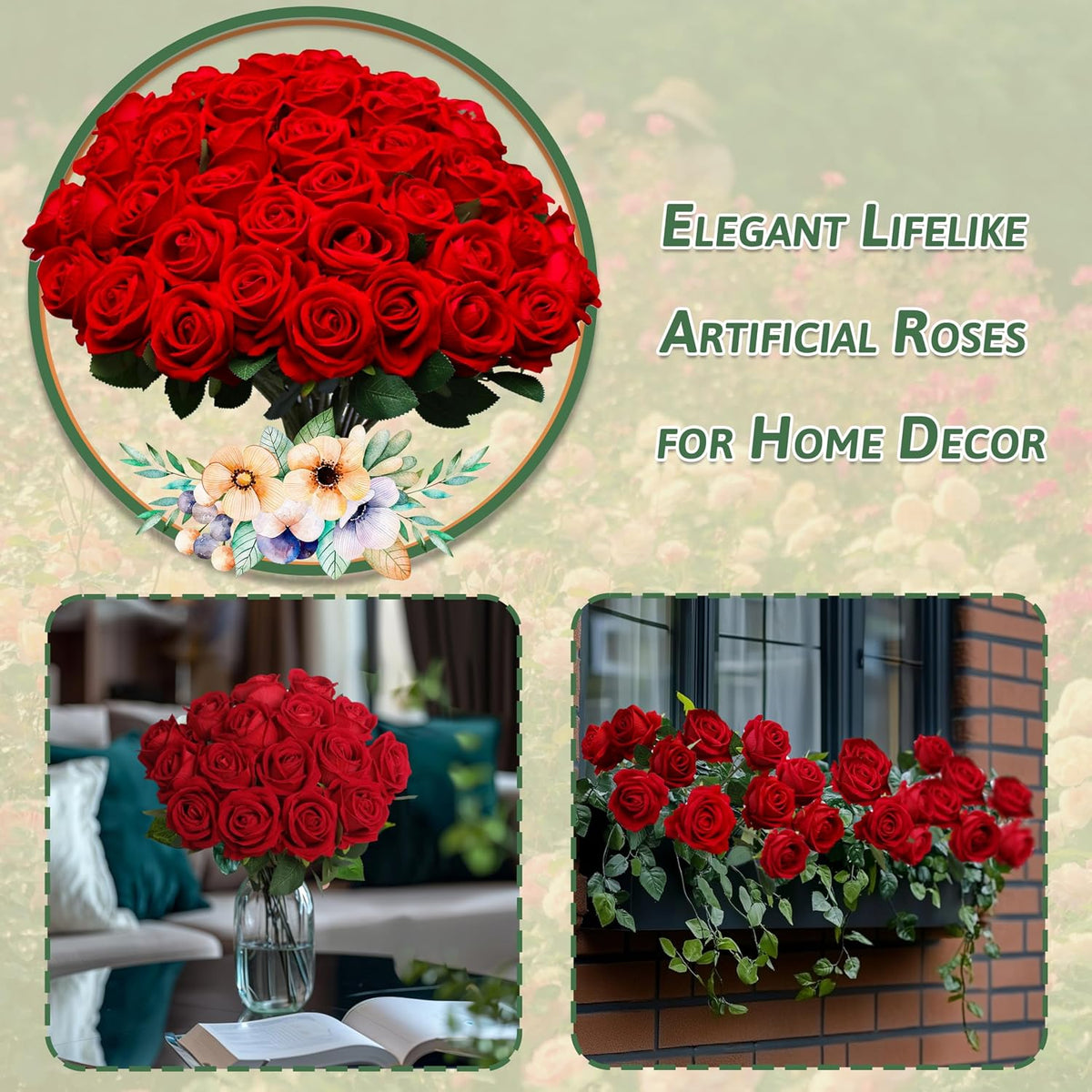 Artificial Red Roses Bulk Realistic Silk Fake Flowers with Long Stems