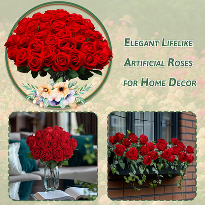 Artificial Red Roses Bulk Realistic Silk Fake Flowers with Long Stems