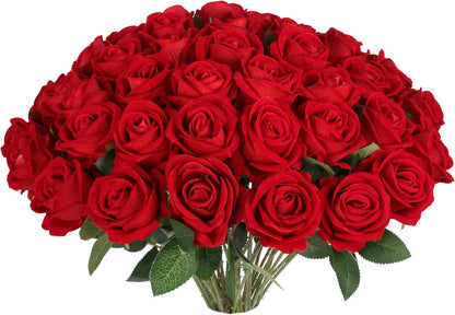 Artificial Red Roses Bulk Realistic Silk Fake Flowers with Long Stems
