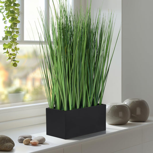 Torre & Tagus 18" Artificial Onion Grass in Dark Gray Rectangle Pot, Faux Grass Plant & Tall Foliage Fake Grass Decor as Artificial Grass for Planters, 10" x 7" x 18" (Onion Grass Fake Plant)