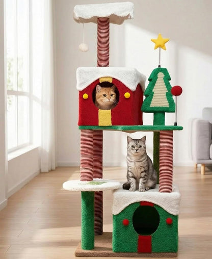 Cat Tree Tower with Cozy Condos, Multi-Level Green Cat Tower with Scratching Posts, Cat House Furniture with Snow Roof & Tree Design, Stable Cat Playground for Indoor Cats