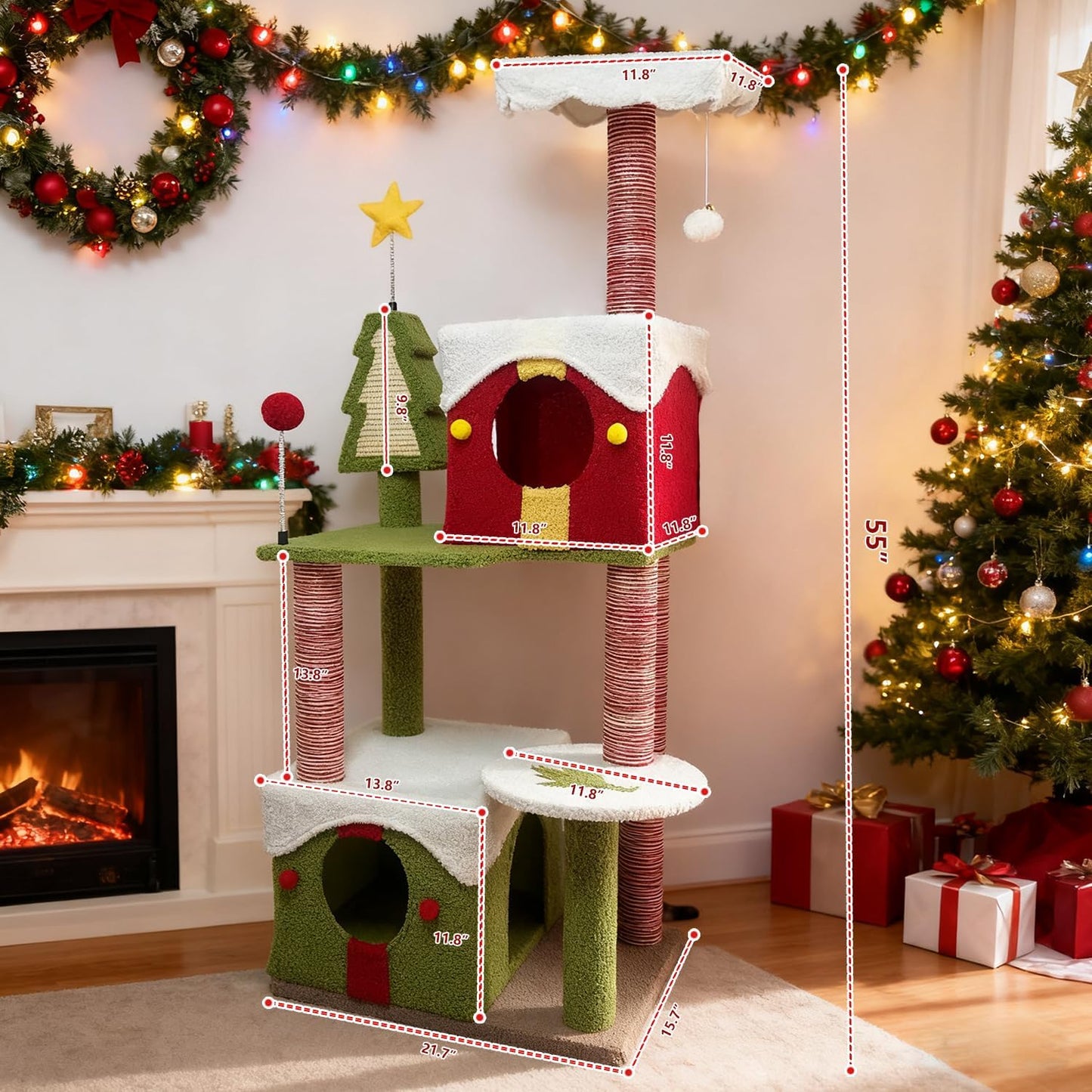 Cat Tree Tower with Cozy Condos, Multi-Level Green Cat Tower with Scratching Posts, Cat House Furniture with Snow Roof & Tree Design, Stable Cat Playground for Indoor Cats