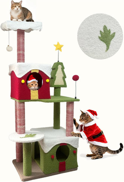 Cat Tree Tower with Cozy Condos, Multi-Level Green Cat Tower with Scratching Posts, Cat House Furniture with Snow Roof & Tree Design, Stable Cat Playground for Indoor Cats