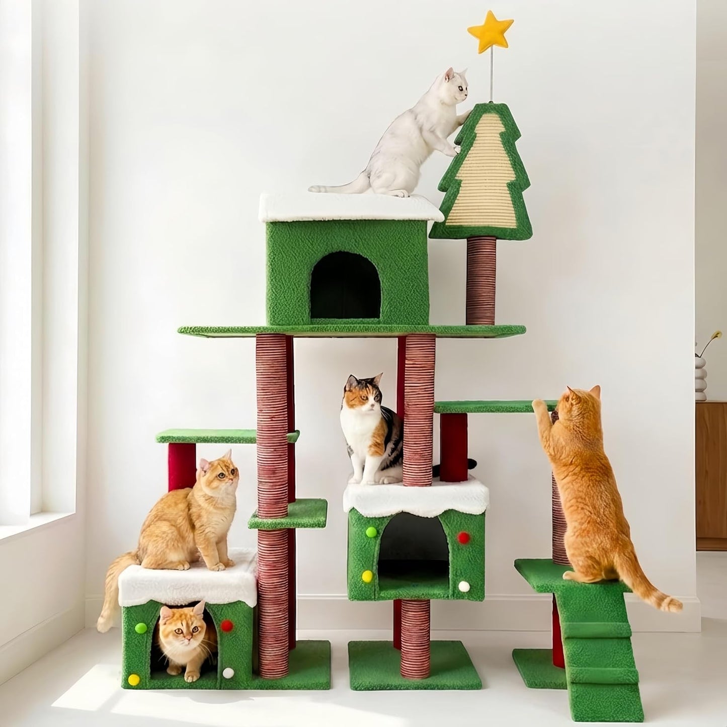 Cat Tree Tower with Cozy Condos, Multi-Level Green Cat Tower with Scratching Posts, Cat House Furniture with Snow Roof & Tree Design, Stable Cat Playground for Indoor Cats