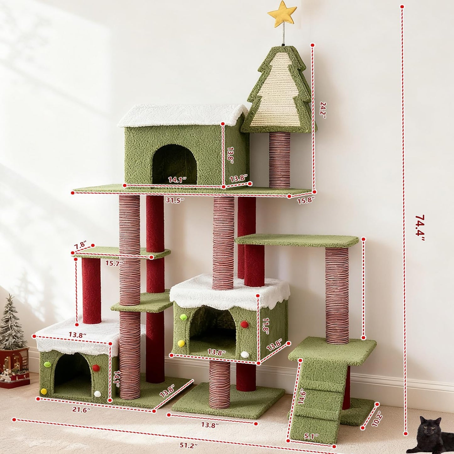 Cat Tree Tower with Cozy Condos, Multi-Level Green Cat Tower with Scratching Posts, Cat House Furniture with Snow Roof & Tree Design, Stable Cat Playground for Indoor Cats