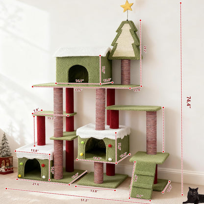 Cat Tree Tower with Cozy Condos, Multi-Level Green Cat Tower with Scratching Posts, Cat House Furniture with Snow Roof & Tree Design, Stable Cat Playground for Indoor Cats