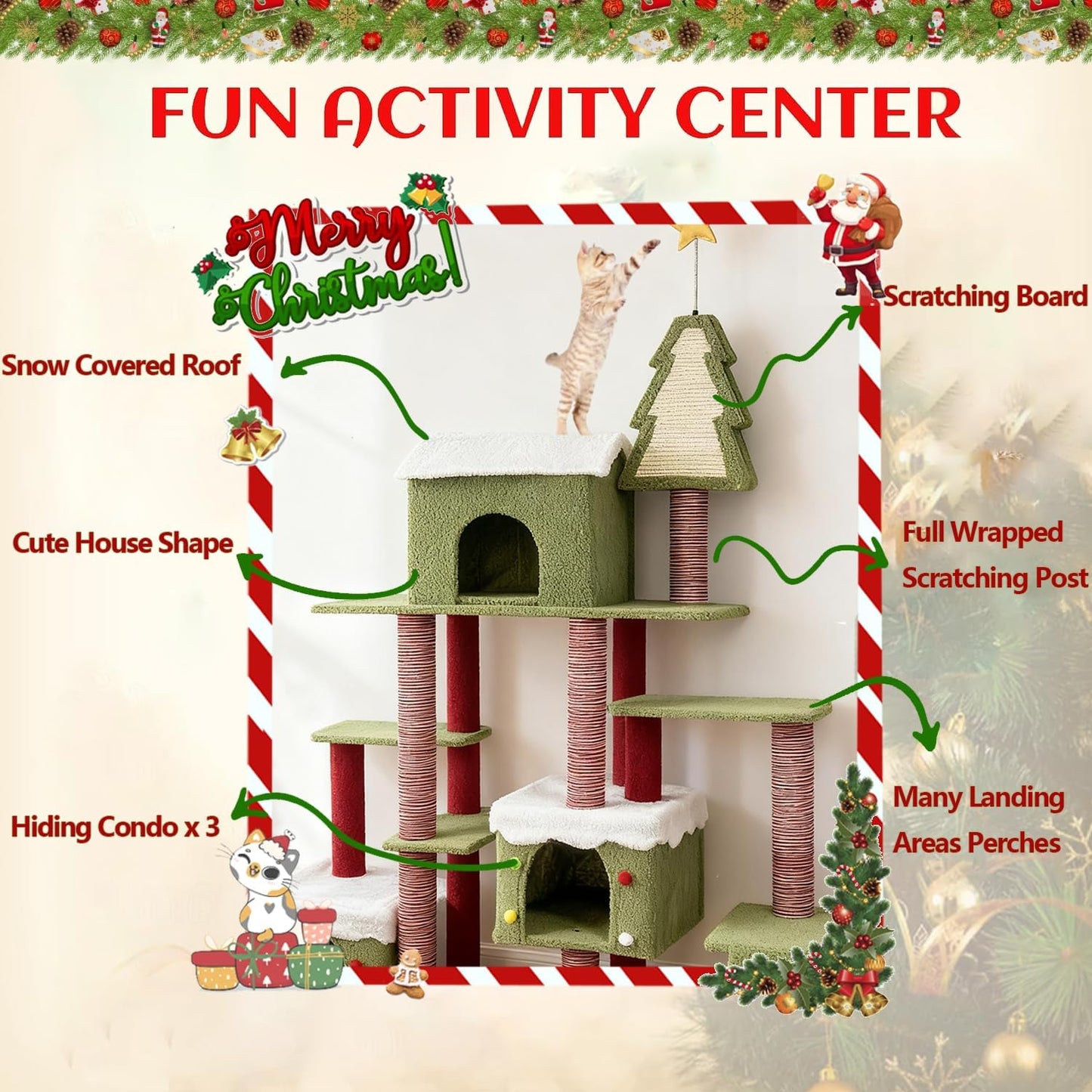 Cat Tree Tower with Cozy Condos, Multi-Level Green Cat Tower with Scratching Posts, Cat House Furniture with Snow Roof & Tree Design, Stable Cat Playground for Indoor Cats