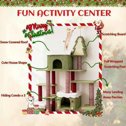 Cat Tree Tower with Cozy Condos, Multi-Level Green Cat Tower with Scratching Posts, Cat House Furniture with Snow Roof & Tree Design, Stable Cat Playground for Indoor Cats