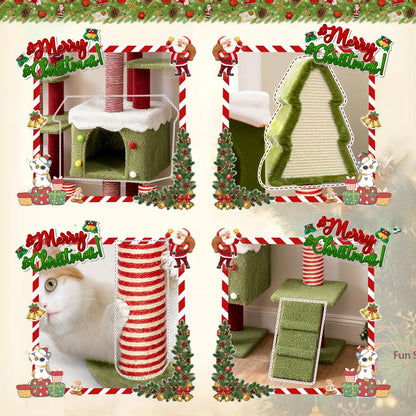 Cat Tree Tower with Cozy Condos, Multi-Level Green Cat Tower with Scratching Posts, Cat House Furniture with Snow Roof & Tree Design, Stable Cat Playground for Indoor Cats