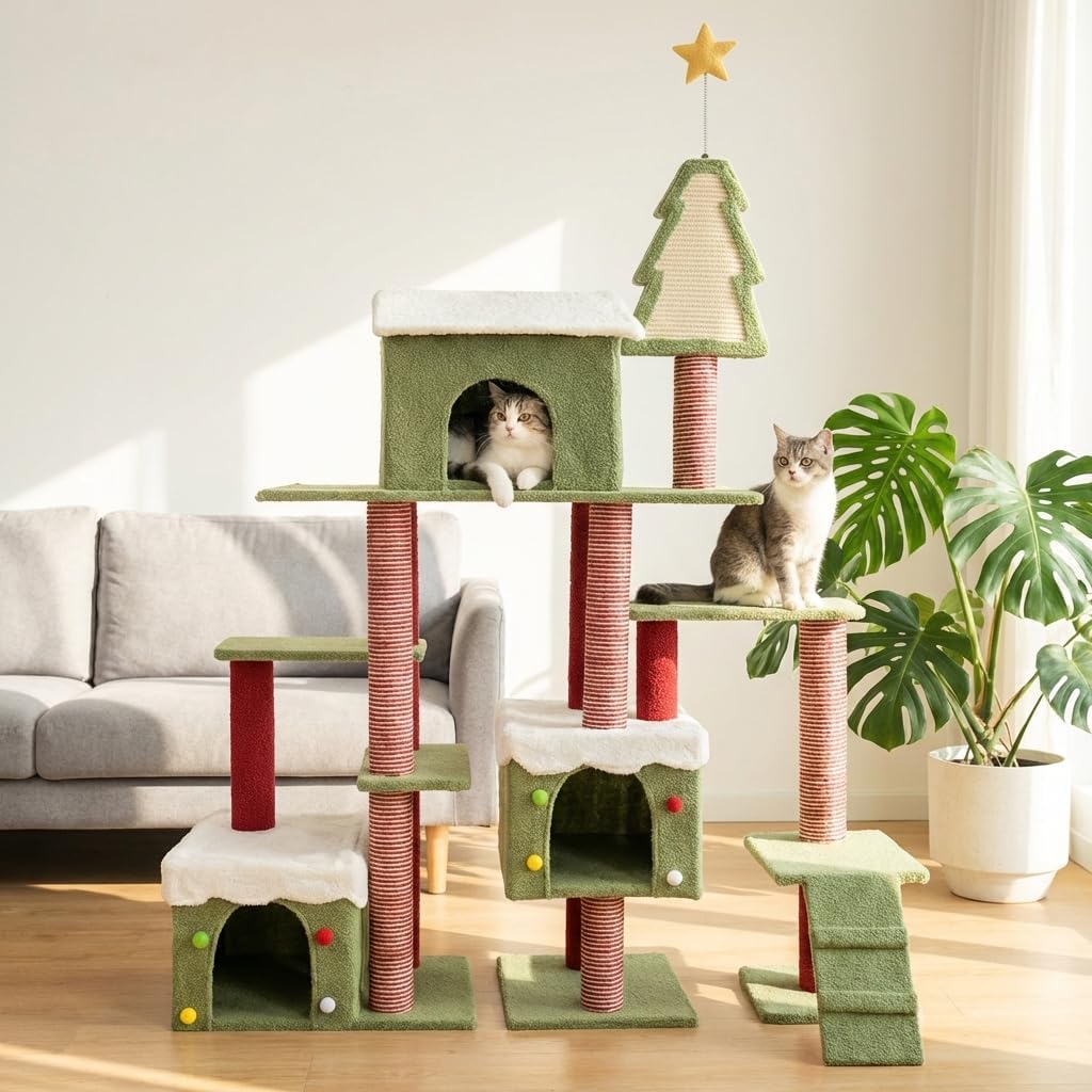 Cat Tree Tower with Cozy Condos, Multi-Level Green Cat Tower with Scratching Posts, Cat House Furniture with Snow Roof & Tree Design, Stable Cat Playground for Indoor Cats
