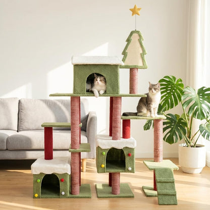 Cat Tree Tower with Cozy Condos, Multi-Level Green Cat Tower with Scratching Posts, Cat House Furniture with Snow Roof & Tree Design, Stable Cat Playground for Indoor Cats