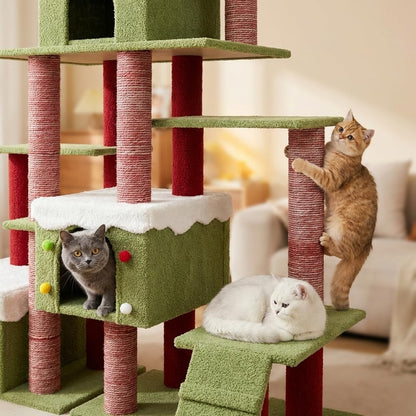 Cat Tree Tower with Cozy Condos, Multi-Level Green Cat Tower with Scratching Posts, Cat House Furniture with Snow Roof & Tree Design, Stable Cat Playground for Indoor Cats