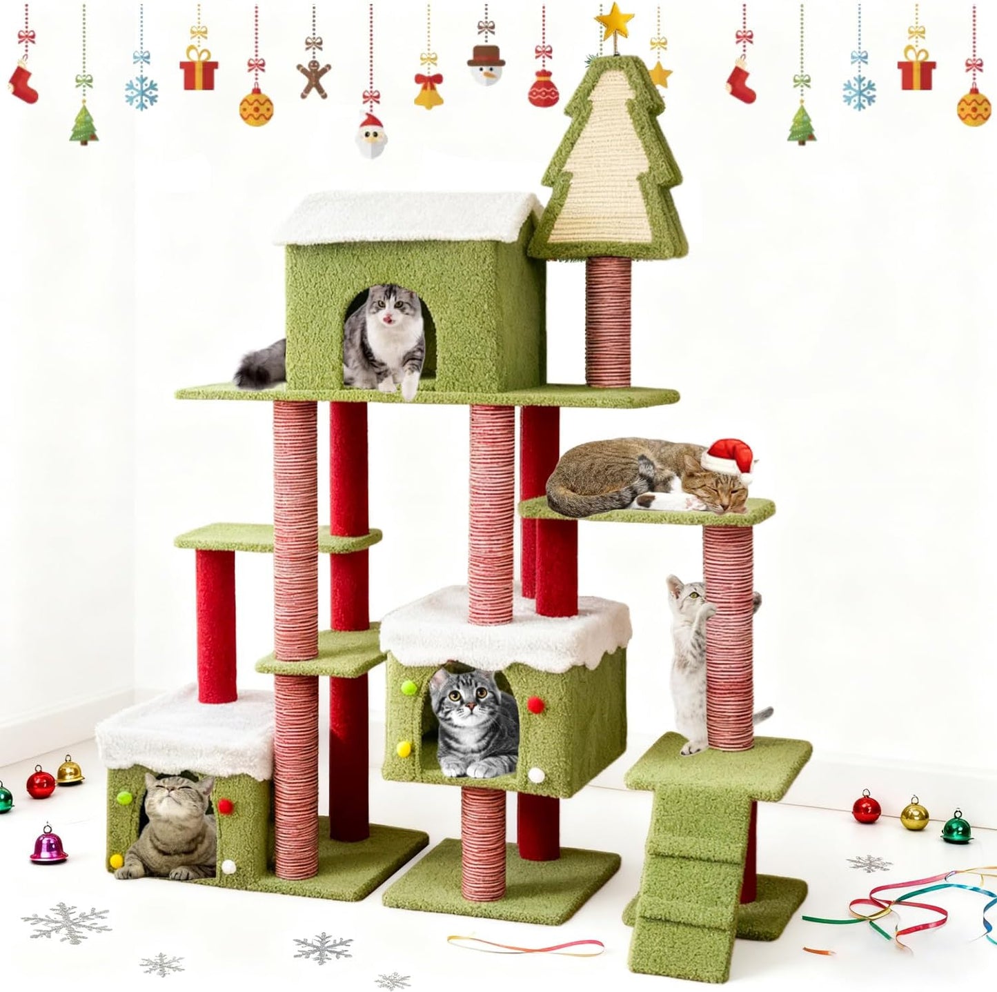 Cat Tree Tower with Cozy Condos, Multi-Level Green Cat Tower with Scratching Posts, Cat House Furniture with Snow Roof & Tree Design, Stable Cat Playground for Indoor Cats