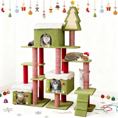 Cat Tree Tower with Cozy Condos, Multi-Level Green Cat Tower with Scratching Posts, Cat House Furniture with Snow Roof & Tree Design, Stable Cat Playground for Indoor Cats