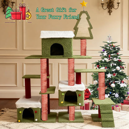 Cat Tree Tower with Cozy Condos, Multi-Level Green Cat Tower with Scratching Posts, Cat House Furniture with Snow Roof & Tree Design, Stable Cat Playground for Indoor Cats