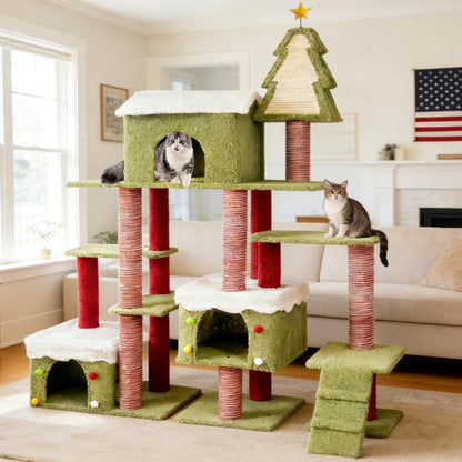 Cat Tree Tower with Cozy Condos, Multi-Level Green Cat Tower with Scratching Posts, Cat House Furniture with Snow Roof & Tree Design, Stable Cat Playground for Indoor Cats