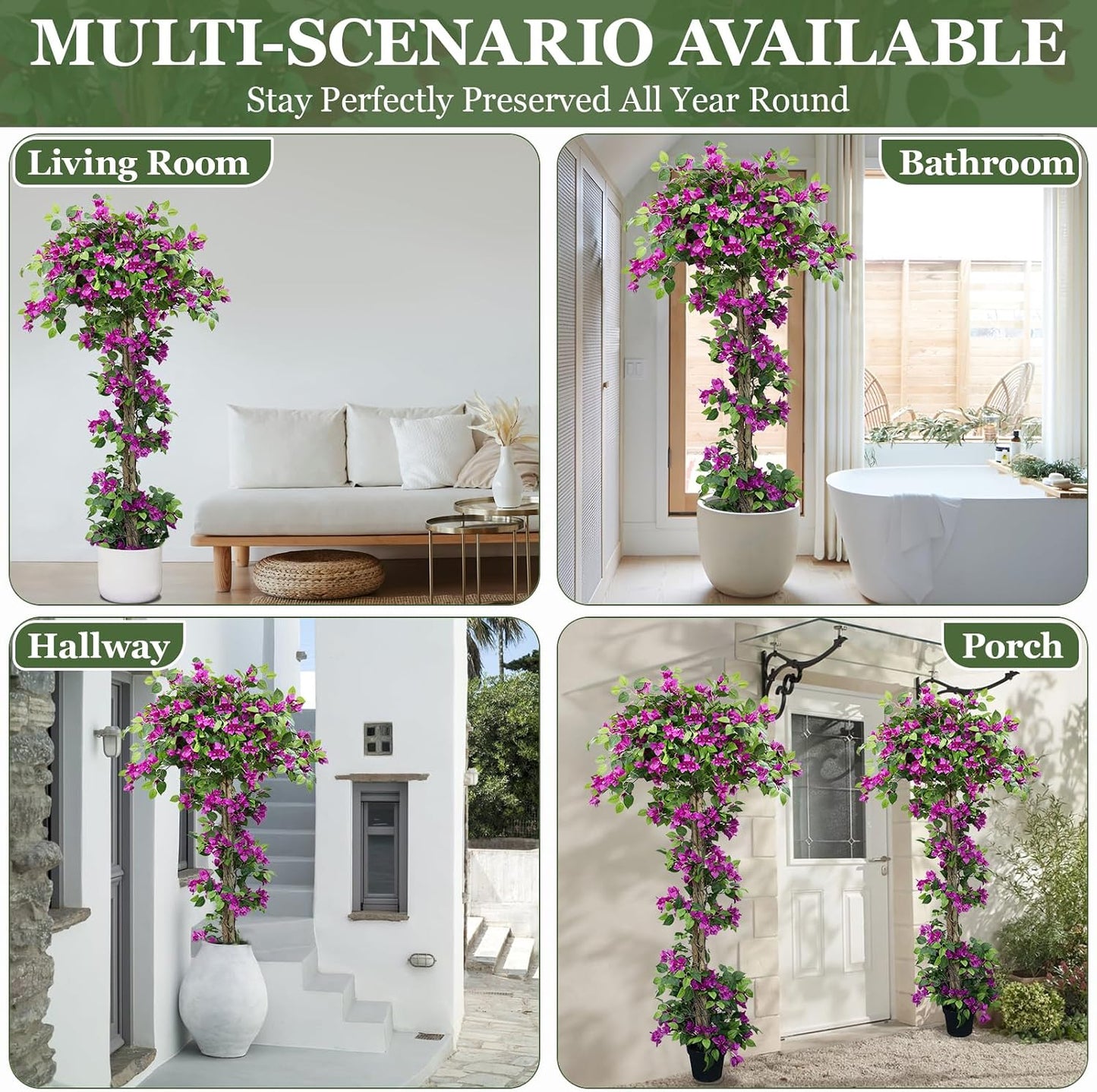 5FT Tall Bougainvillea Artificial Tree for Indoor & Outdoor | Realistic Faux Bougainvillea Tree with Wood Trunk and Flowers in Plastic Pot for Front Porch,Home,Office,Living Room,Purple