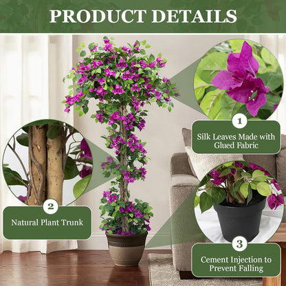 5FT Tall Bougainvillea Artificial Tree for Indoor & Outdoor | Realistic Faux Bougainvillea Tree with Wood Trunk and Flowers in Plastic Pot for Front Porch,Home,Office,Living Room,Purple