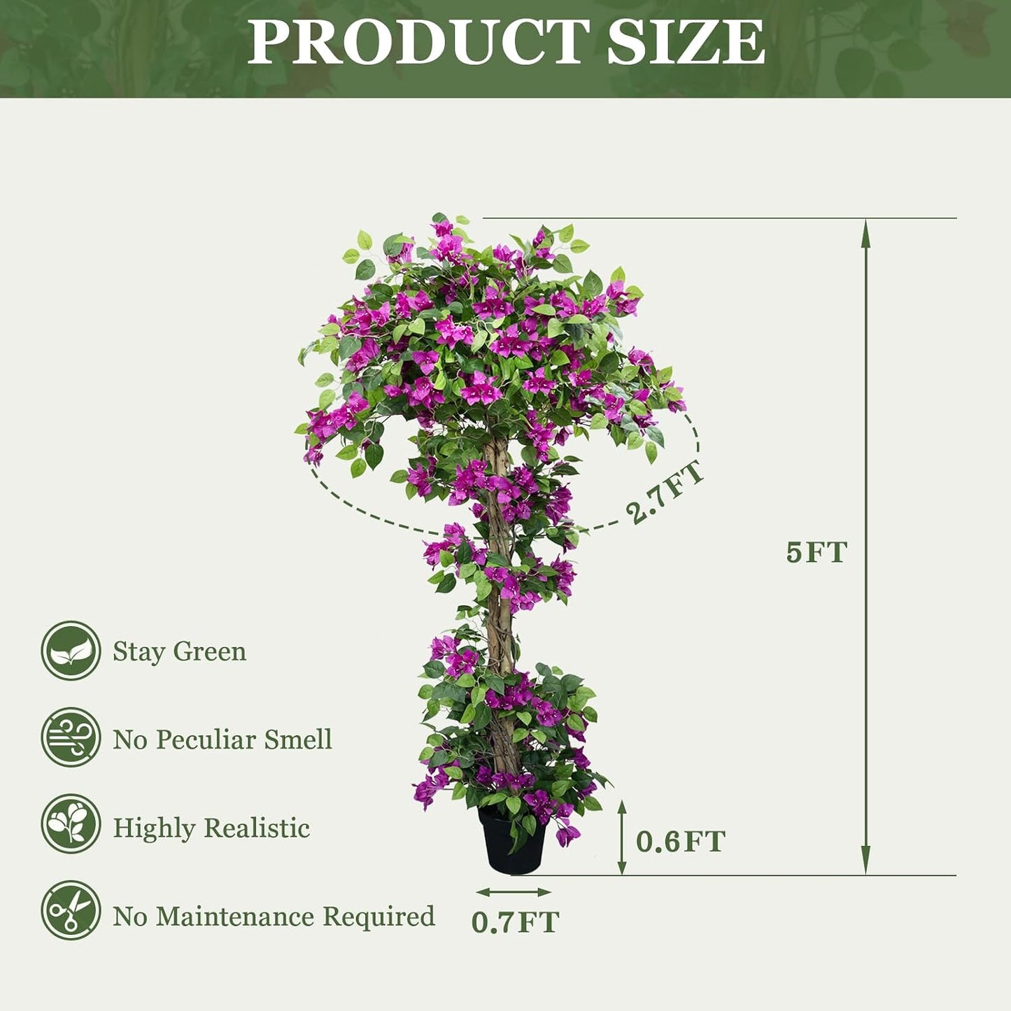 5FT Tall Bougainvillea Artificial Tree for Indoor & Outdoor | Realistic Faux Bougainvillea Tree with Wood Trunk and Flowers in Plastic Pot for Front Porch,Home,Office,Living Room,Purple