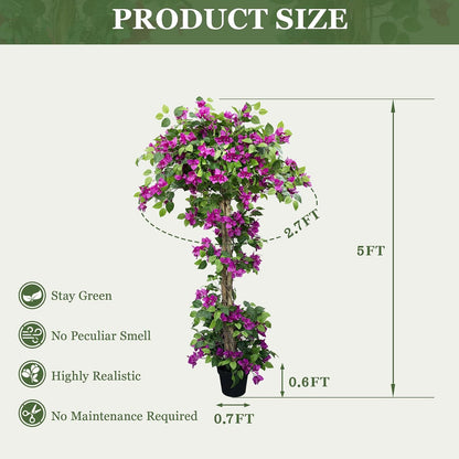 5FT Tall Bougainvillea Artificial Tree for Indoor & Outdoor | Realistic Faux Bougainvillea Tree with Wood Trunk and Flowers in Plastic Pot for Front Porch,Home,Office,Living Room,Purple