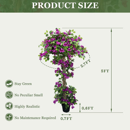 5FT Tall Bougainvillea Artificial Tree for Indoor & Outdoor | Realistic Faux Bougainvillea Tree with Wood Trunk and Flowers in Plastic Pot for Front Porch,Home,Office,Living Room,Purple