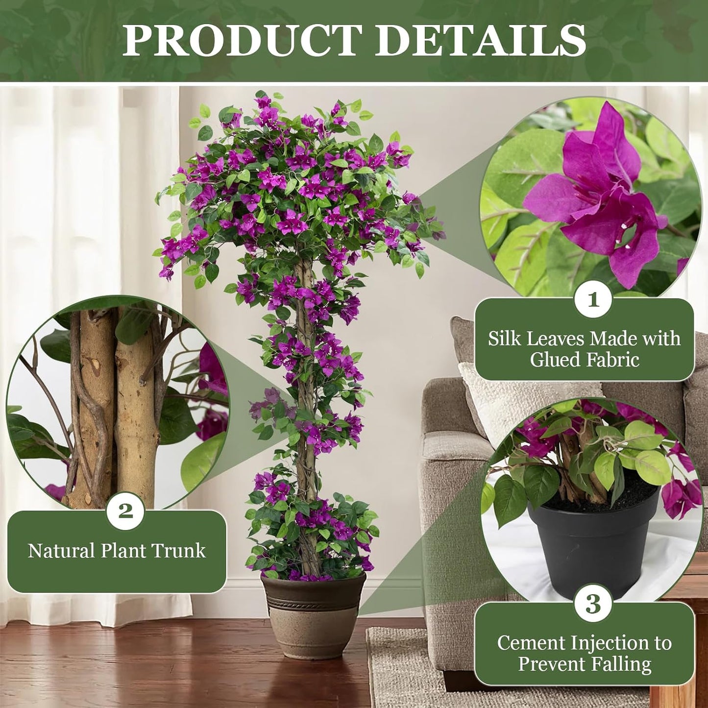 5FT Tall Bougainvillea Artificial Tree for Indoor & Outdoor | Realistic Faux Bougainvillea Tree with Wood Trunk and Flowers in Plastic Pot for Front Porch,Home,Office,Living Room,Purple