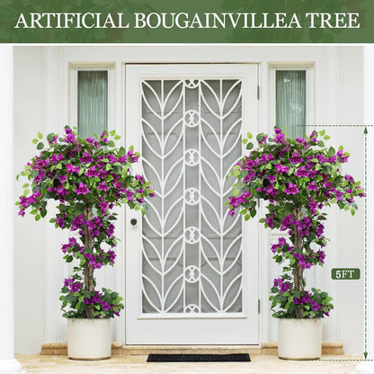5FT Tall Bougainvillea Artificial Tree for Indoor & Outdoor | Realistic Faux Bougainvillea Tree with Wood Trunk and Flowers in Plastic Pot for Front Porch,Home,Office,Living Room,Purple