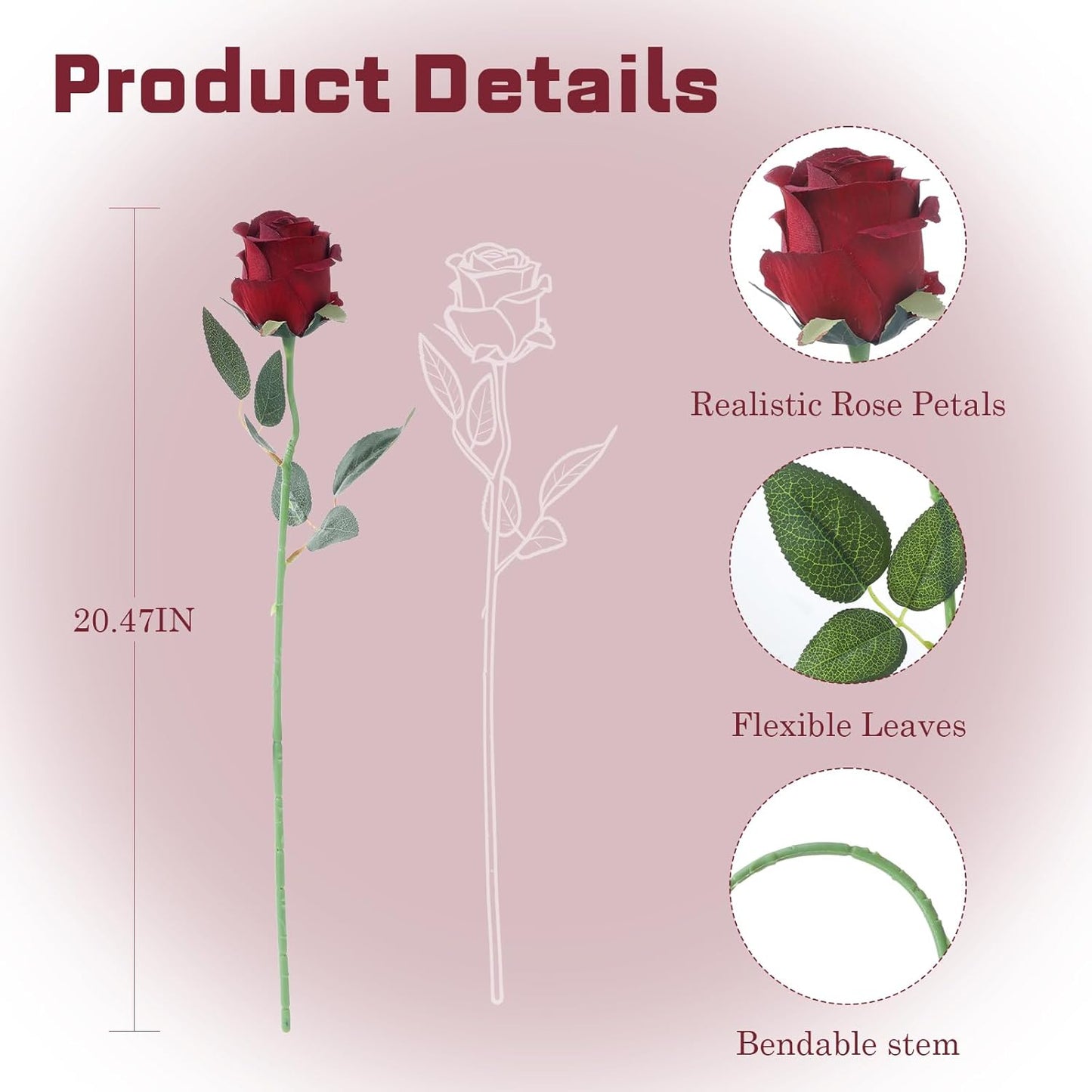12Pcs Realistic Fake Dark Pink Roses Faux Flowers with Long Stems, Artificial Silk Rose Flowers for Valentines Day Home Wedding Decor Bridal Bouquet