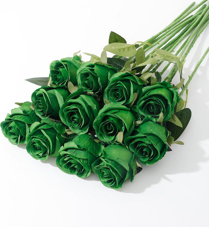 12Pcs Realistic Fake Dark Pink Roses Faux Flowers with Long Stems, Artificial Silk Rose Flowers for Valentines Day Home Wedding Decor Bridal Bouquet