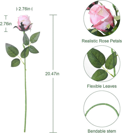 12Pcs Realistic Fake Dark Pink Roses Faux Flowers with Long Stems, Artificial Silk Rose Flowers for Valentines Day Home Wedding Decor Bridal Bouquet