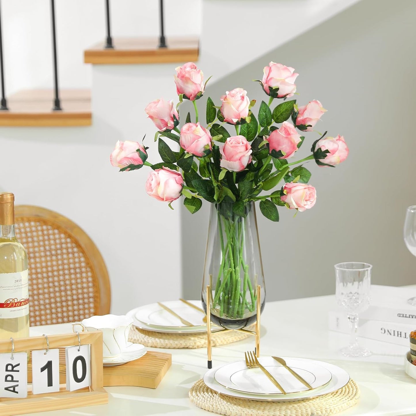12Pcs Realistic Fake Dark Pink Roses Faux Flowers with Long Stems, Artificial Silk Rose Flowers for Valentines Day Home Wedding Decor Bridal Bouquet