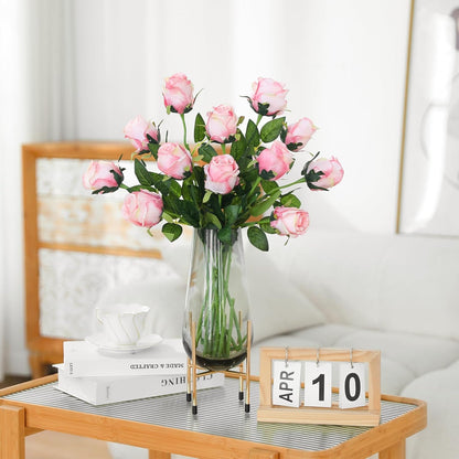 12Pcs Realistic Fake Dark Pink Roses Faux Flowers with Long Stems, Artificial Silk Rose Flowers for Valentines Day Home Wedding Decor Bridal Bouquet