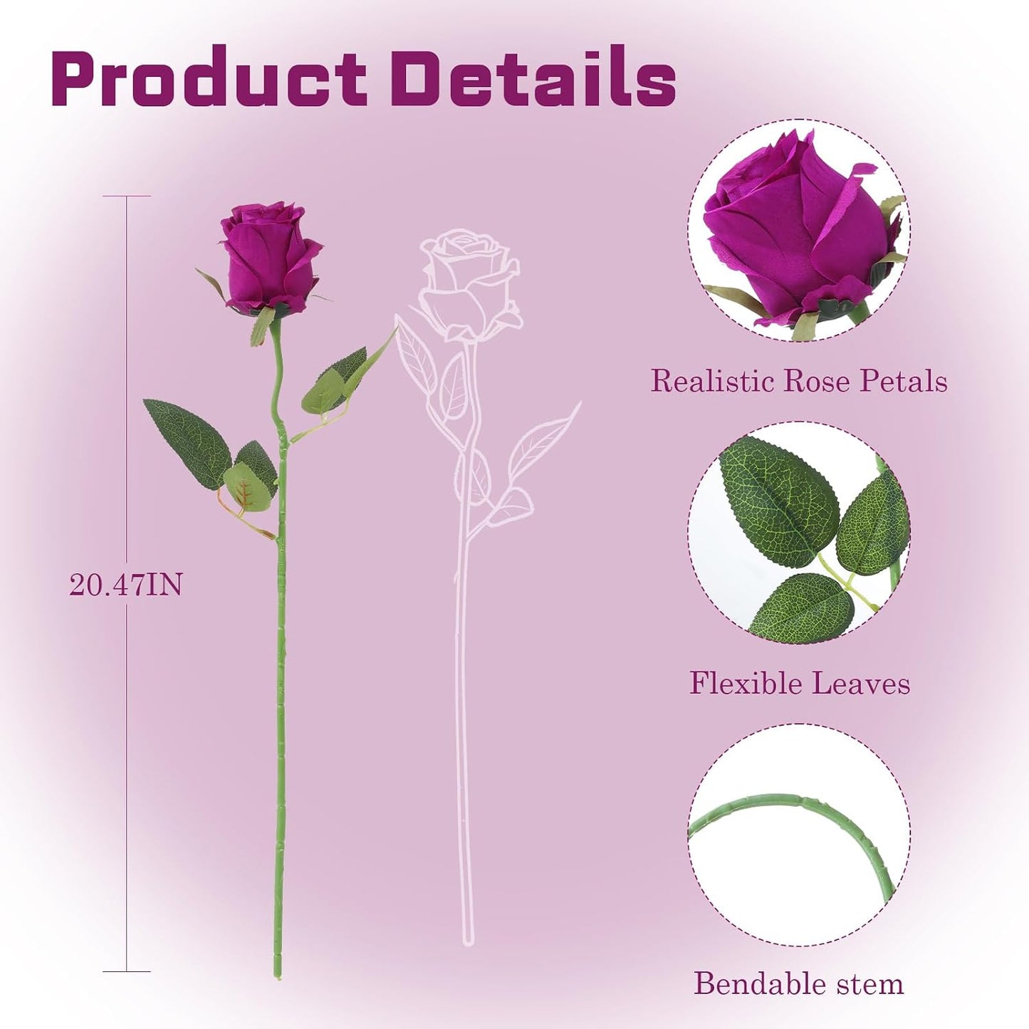 12Pcs Realistic Fake Dark Pink Roses Faux Flowers with Long Stems, Artificial Silk Rose Flowers for Valentines Day Home Wedding Decor Bridal Bouquet