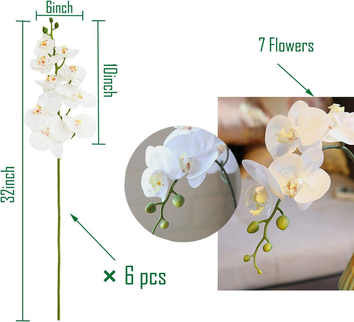 32" Artificial Phalaenopsis Flowers 6 Pcs Artificial Orchid Flowers Stem Plants for Home Décor (6Pcs)