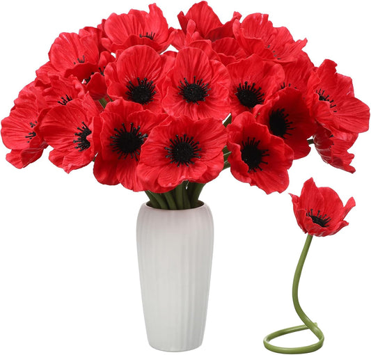 42 Pcs Artificial White Poppy Flowers 11 Inch PU Silk Poppy Anemone Stems Bulk Artificial Floral Table Centerpiece Decor for Vase Wedding Bouquets Bridal Holding Home Party