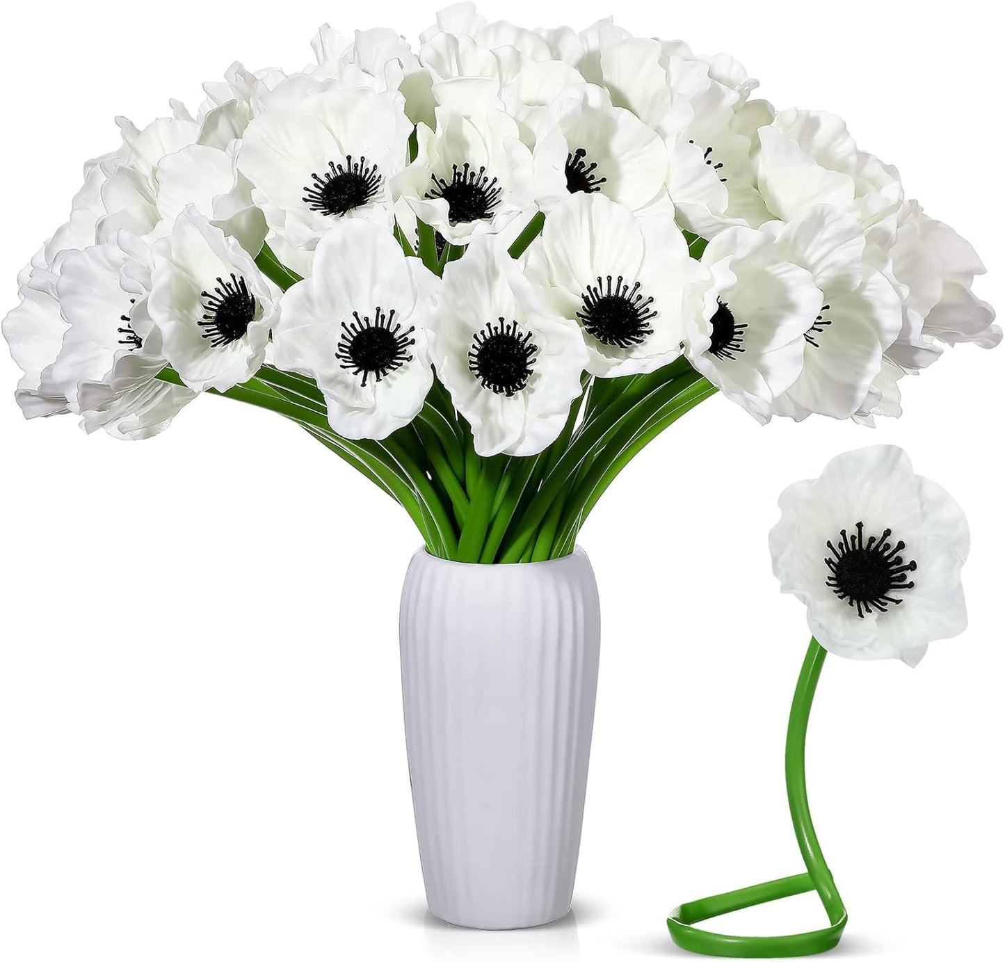 42 Pcs Artificial White Poppy Flowers 11 Inch PU Silk Poppy Anemone Stems Bulk Artificial Floral Table Centerpiece Decor for Vase Wedding Bouquets Bridal Holding Home Party