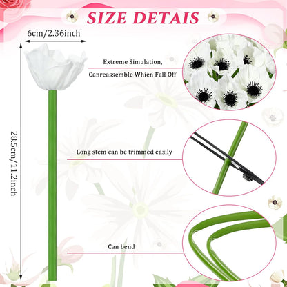 42 Pcs Artificial White Poppy Flowers 11 Inch PU Silk Poppy Anemone Stems Bulk Artificial Floral Table Centerpiece Decor for Vase Wedding Bouquets Bridal Holding Home Party